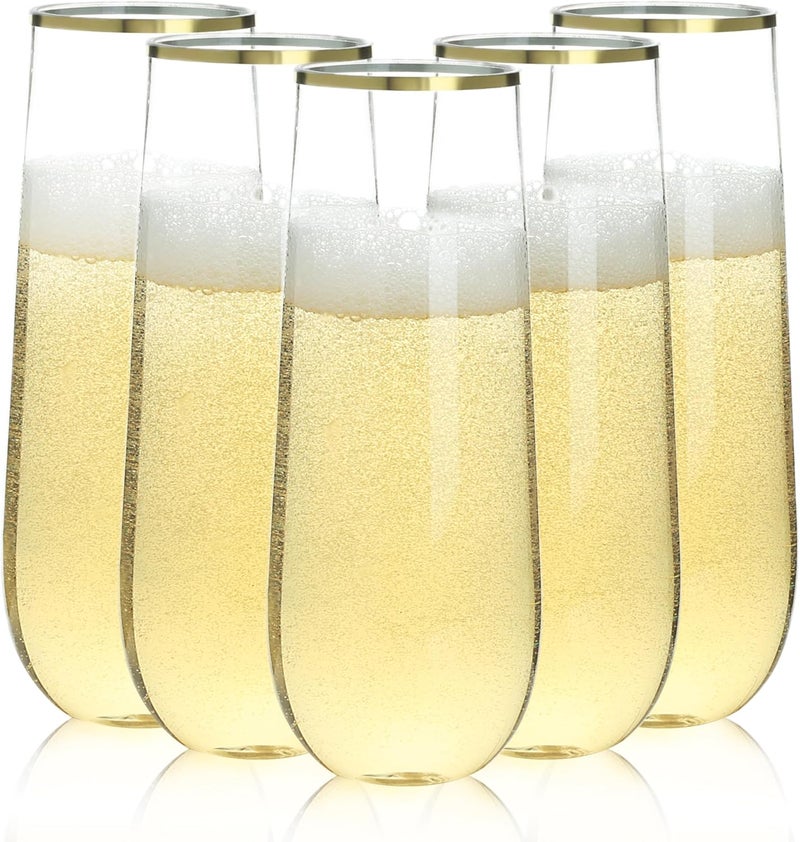 Bestluck 24 Pack 9 oz Stemless Plastic Champagne Flutes, Clear Disposable Champagne Glasses Gold Rim, Shatterproof and BPA-Free Drinkware for Party & Graduation & Wedding - Image 1